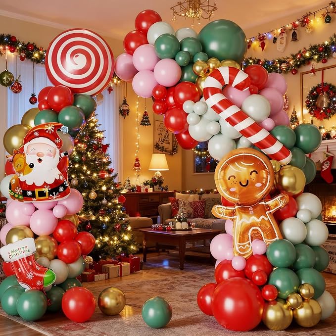Christmas Balloon Arch Kit,108 Pcs Gingerbread Man Balloon Garland Kit, Sage Green Pink Red Latex Balloons Santa Claus Foil Balloons Candy Cane for Xmas Birthday New Year Christmas Party Decorations