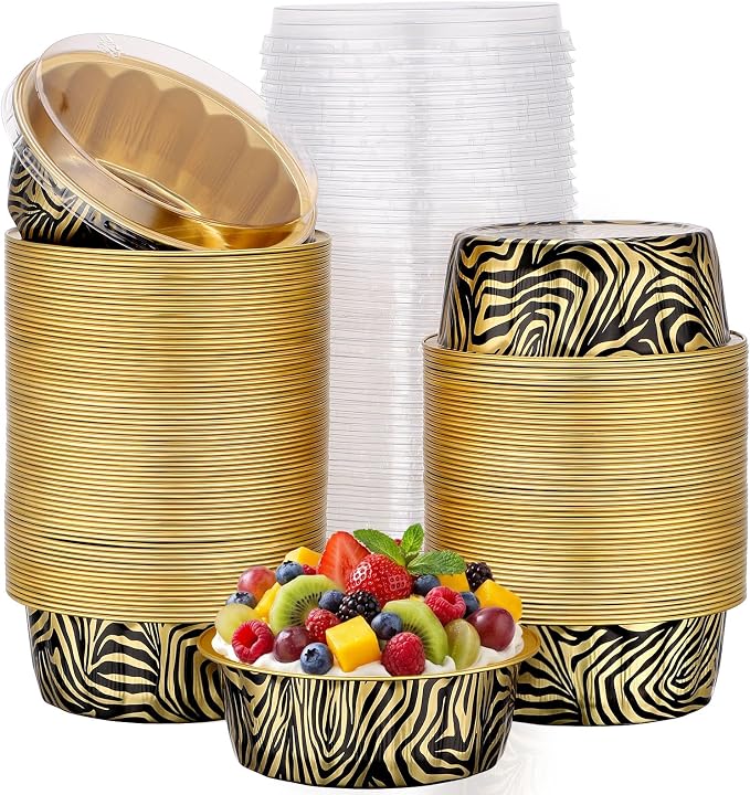 Beasea 8oz Disposable Ramekins with Lids, 120 Pack 235ml Aluminum Foil Baking Cups, Round Muffin Mini Creme Brulee Cups Tins Individual Cupcake Containers for Party Party - Tiger Stripes