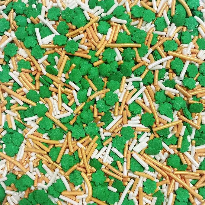 PhilaeEC St Patricks Sprinkles Edible for Cake Decoration Green Shamrock Gold White Jimmies Mix Sprinkles Cake Baking Cookie Cupcake Toppers Decoration Supplies