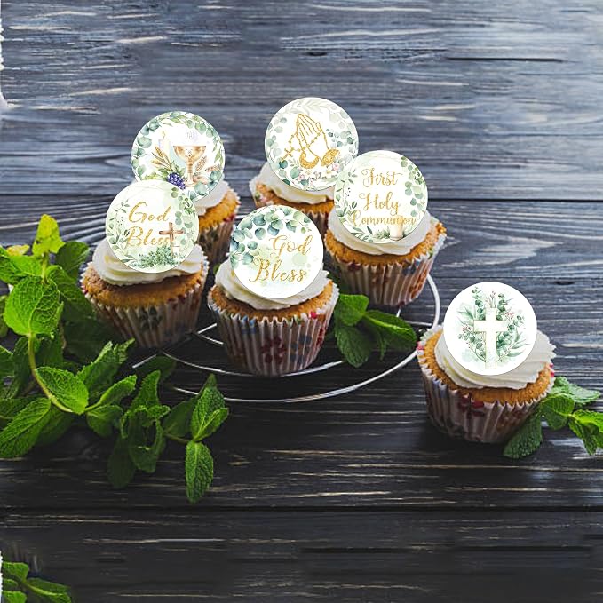 64 PCS Edible God Bless Cupcake Toppers First Holy Communion Cupcake Picks Edible Greenery Leaves Dove Cross God Bless and Baptism Cake Decorations for Baby Shower Girls Birthday Party Supplies