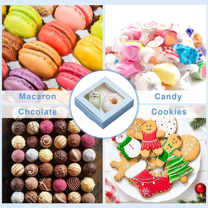 Zonon 30 Pcs Kraft Paper Boxes with Window 4.13 x 4.13 x 1.18 Inch Candy Packaging, Small Gift Boxes, Soap holder, Mini Treat Packaging for Bakery Chocolate Jewelry Display (Blue)
