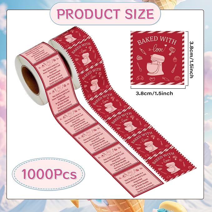 1000 Pcs Cottage Food Law Labels Stickers Cottage Bakery Decals | Baked with Love, Homemade Kitchen Inspection Statement Decals, Bakery Labels Stickes, DIY Crafts Homemade Bakery Baked Food