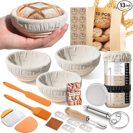 RYTOXILO Mini Banneton Basket Sourdough Starter Kit, 5 inch Round Bread Proofing Basket Set with 24 Oz Glass Sourdough Jar, 13 Pcs Bread Making Kits for Beginners with Sour Dough Baking Supplies