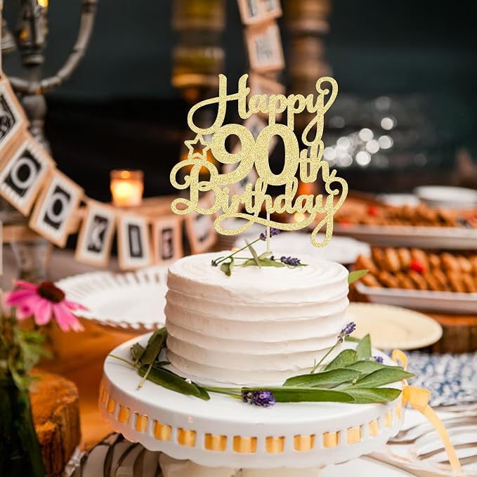 1 Pack Happy 90th Birthday Cake Topper Gold Glitter 90 & Fabulous Cheers to 90 Years Old Birthday Cake Pick for Celebrating 90th Birthday Anniversary Party Cake Decorations Supplies