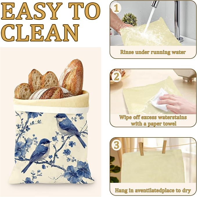 2 Pack Reusable Beeswax Blue Birds Bread Bags, Sourdough Bread Floral Branches Storage for Homemade, Freezer Storage Bag to Keep Fresh, Baguette Bag with Beeswax Liner Kitchen Baking