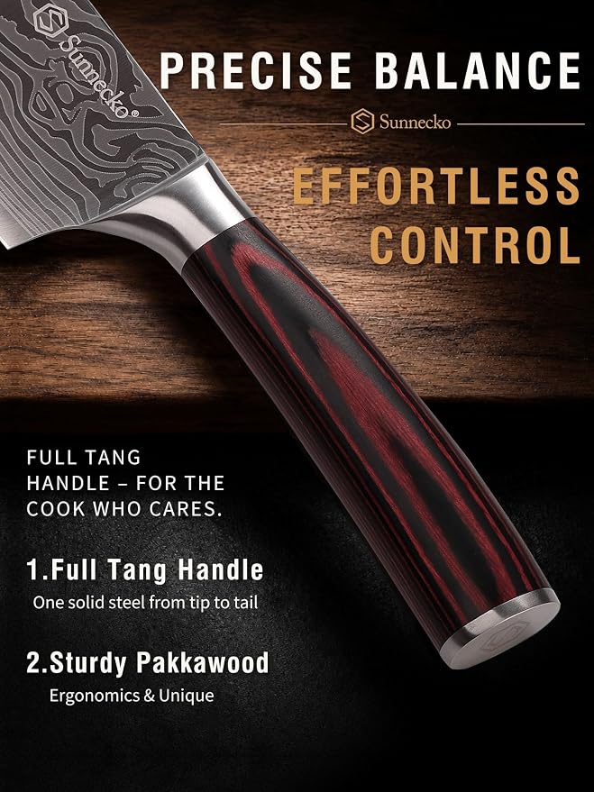Sunnecko Japanese Nakiri Knife 7 Inch - 12° Edge Carbon Steel Chef Knife for Meat Vegetable Cutting Japanese Style, Full Tang Forged Blade Knife with Sheath, Kitchen Gift for Father Home Cooks & Pros