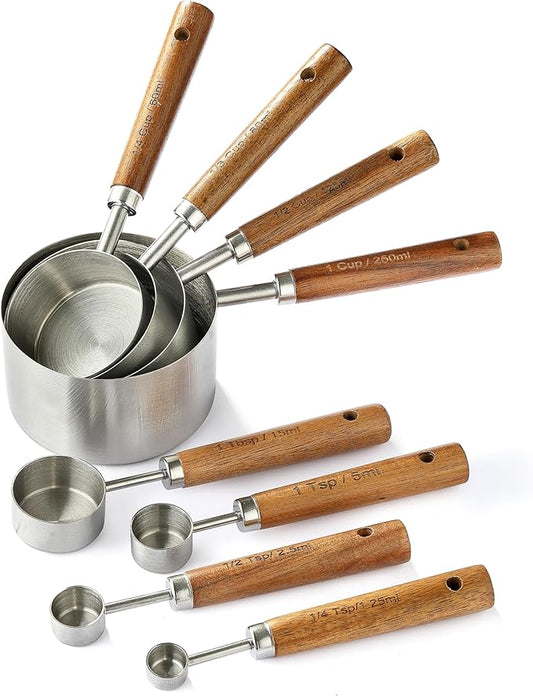 8PCS Measuring Cups, DAJLFA Stainless Steel Measuring Cups and Spoons Set with Ergonomic Wooden Handle for Cooking & Baking