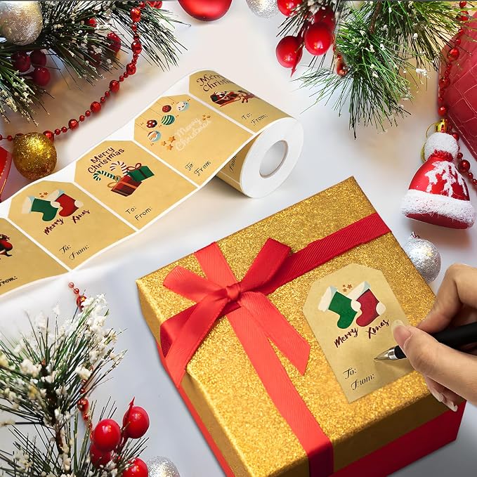 Yoget 250 PCS Chirstmas Gift Tags, Xmas Kraft Gift Tags Stickers Name Labels, Christmas Decorations (50x70mm, 6 Designs)