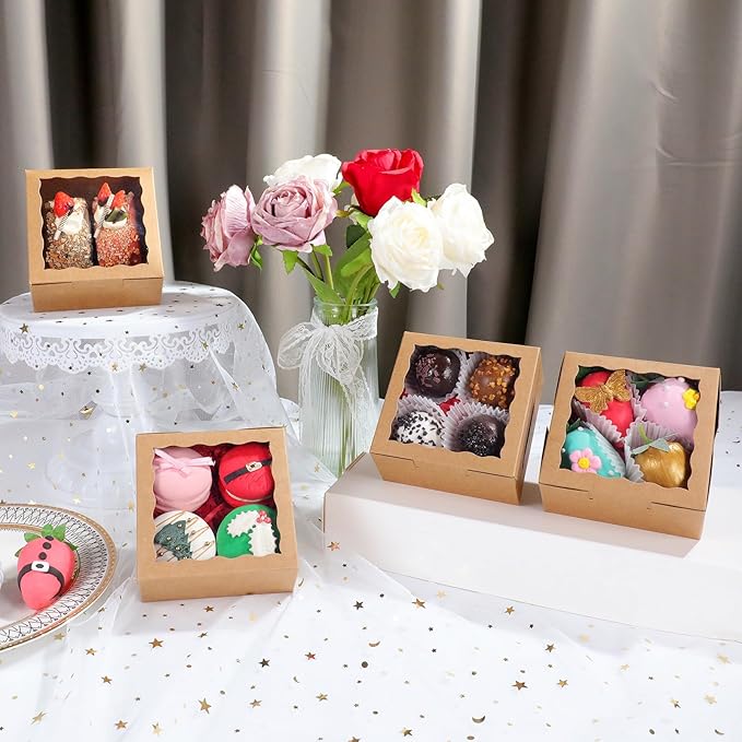 100 Pack Cookie Boxes with Window 4x4x2 Inch,Bakery Boxes, Chocolates Strawberries,Treat Boxes, Mini Cake Boxes, Pastry Dessert Boxes for Candy, Cupcakes- Brown Paper