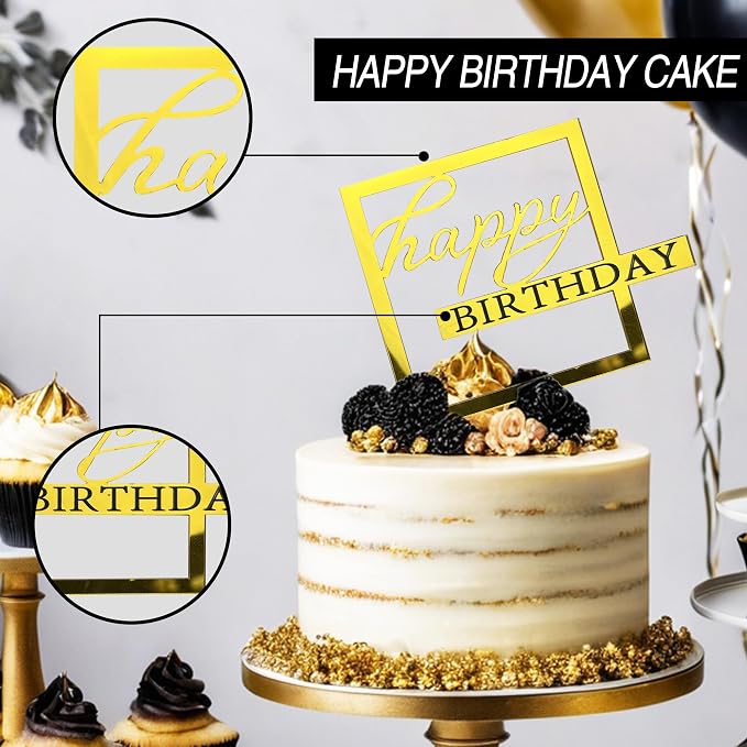 24 PCS Gold Happy Birthday Cake Toppers Mirror Acrylic Side Cake Decorations 8 Styles