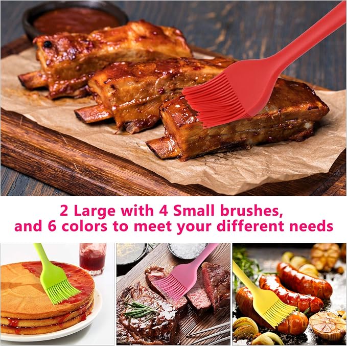 Hhyn Silicone Basting Brush Set 6 Pack Heat Resistant Pastry Brushes Spread Oil Butter Sauce for BBQ Grill Barbeque Kitchen Baking Cooking Pastries, 2 Large & 4 Small