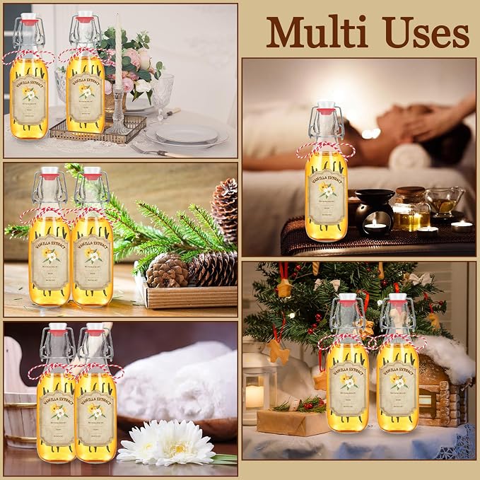 10 Pack Swing Top Glass Vanilla Extract Bottles 8 oz with Lids, Vanilla Extract Labels and Funnel, Glass Boston Bottles for Syrup Gift, Flip Top Jars