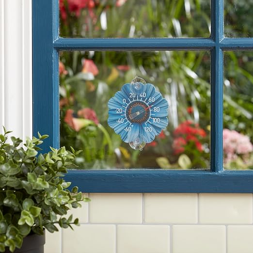 Taylor Daisy Dial Thermometer, 4-Inch Indoor Outdoor Silicone Suction Cup Thermometer, Weather-Resistant Temperature Gauge for Patio, Pool, Garden, or Garage, Blue