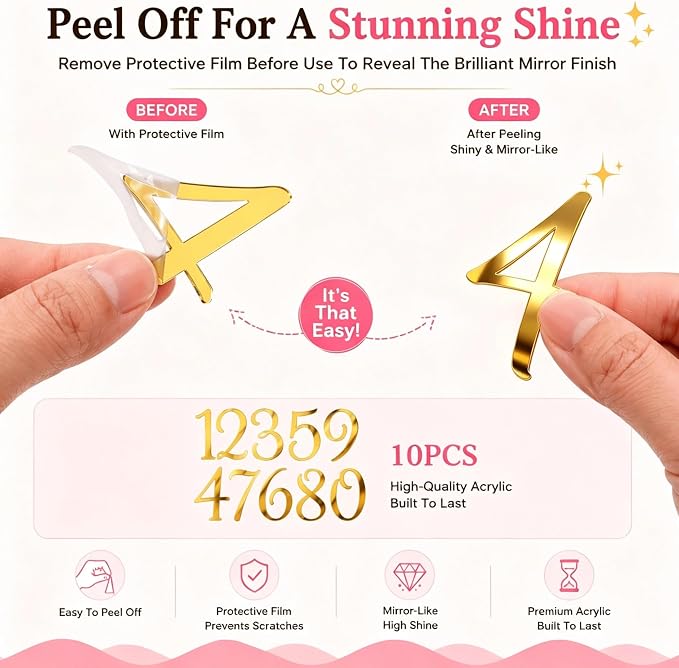 Acrylic Number Cake Topper Gold DIY Mirrored Cake Topper 0-9 Number Set Suitable for Wedding, Birthday, Party Decoration