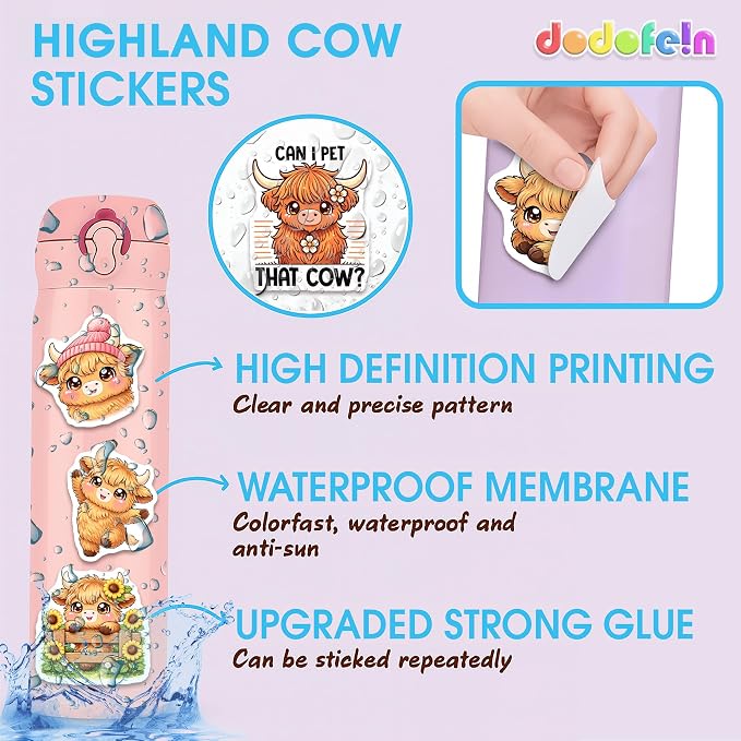 Highland Cow Stickers 50PCS – Waterproof Vinyl Cartoon Animal Decals for Water Bottles, Laptops, Journaling – Non-Repeating Decals, High-Definition Print Gift
