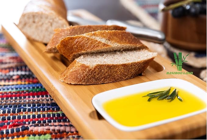 BAMBOO LAND- Large Bamboo Bread Board with Bread Crumb Catcher and Ceramic Dipping Dish