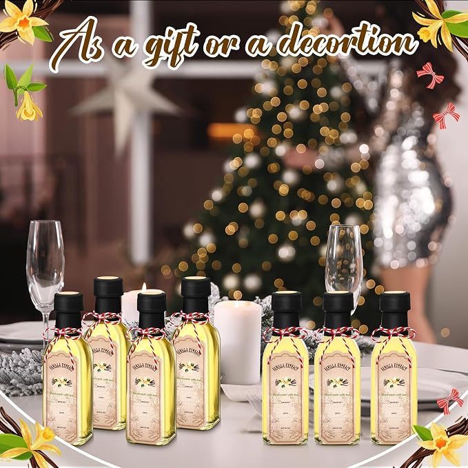 Tioncy 12 Pcs Vanilla Extract Bottles for Homemade Vanilla Jar Glass Square Bottle with Cap Shrink Band Sticker Syrup Food Storage Canister for Liquids Bean Sauce Spice Gift Giving (Black,5 oz)