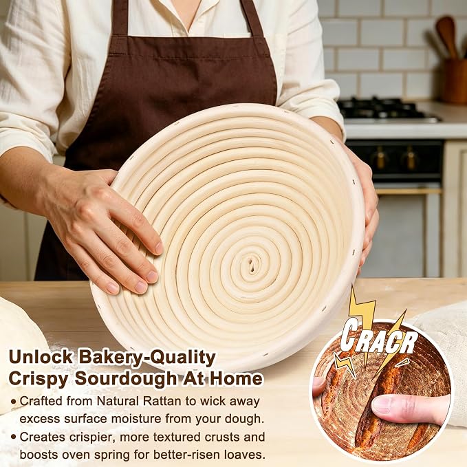 Banneton Bread Proofing Basket for Sourdough & Baguettes, 9 Inch Round Natural Rattan Bread Basket with Washable Linen Liner