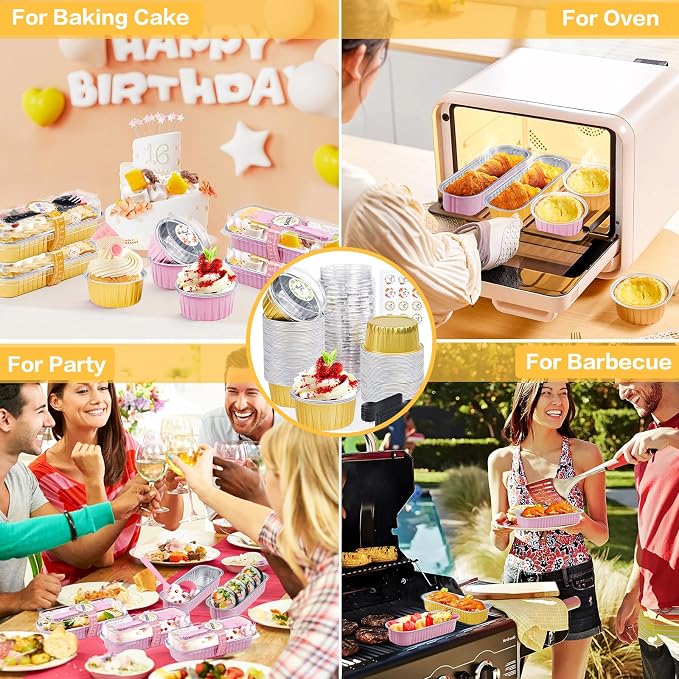 30Pcs Mini Cake Pans with Lids Aluminum Foil, ZOXILEN 5oz Disposable Mini Loaf pans with Lids Spoons, Round Small Baking Cups Pie Tins Cheesecake Containers for Party Gold