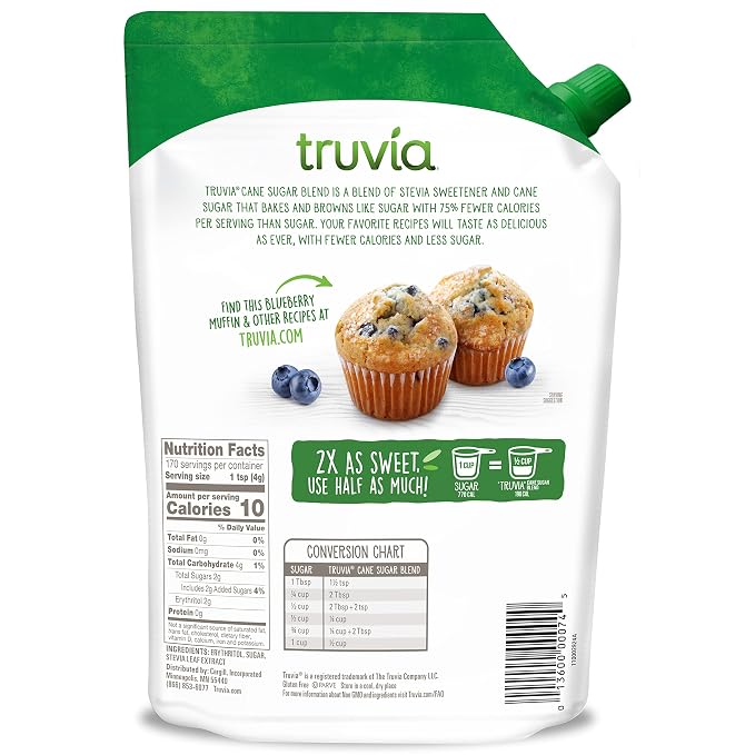 Truvia Cane Sugar Blend, Mix of Natural Stevia Sweetener and Cane Sugar, 24 oz Bag