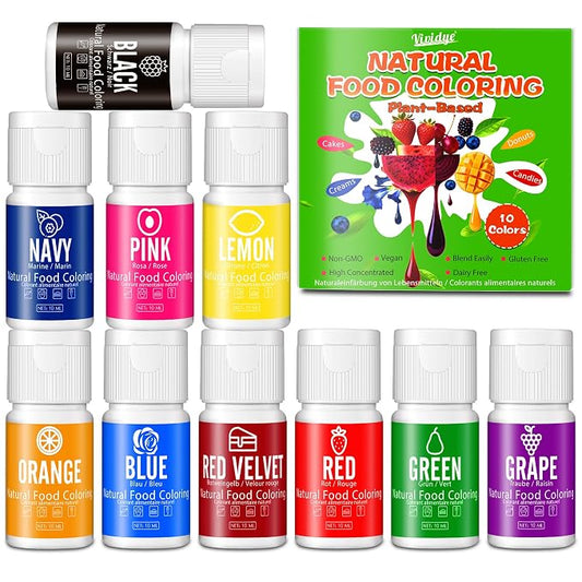 Natural Food Coloring - 10ml x 10 Vibrant Liquid Food Dye for Baking and DIY, FD&C & Artificial Dye-free, Organic, Gluten-free, Vegan, Halal, 100% Plant Based Food Coloring for Frosting, Cake Decor