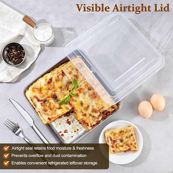 LIANYU 9 x 9’’ Baking Pan with Lid, 9 Inch Square Cake Pan for Lasagna Brownie, Stainless Steel Commercial Deep Baking Dish Set, Oven & Dishwasher Safe Sheet Bakeware (1 Pan +1 Lid)