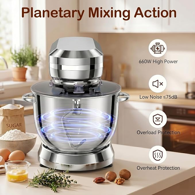 6in1 Stand Mixer with 6.5 Quart Bowl, 660W 10+p Speeds Kitchen Food Mixer Tilt-Head Bread Dough and Cake Mixers for Home Daily (Sliver)