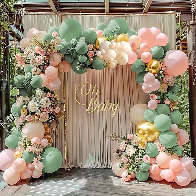 PartyWoo Pink and Green Balloon Arch Kit Garland 140pcs Different Sizes of 18 12 10 5 Inch Metallic Gold Baby Pink Sage Green Sand White Nude Gold Confetti Balloons for Birthday Party Decorations