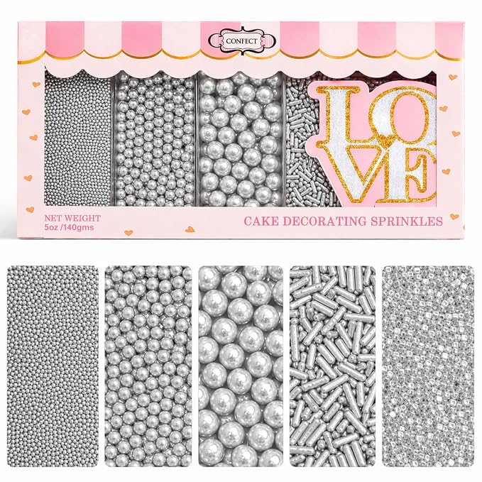 Confect Silver Pearl Christmas Sprinkles for Cakes & Cupcakes Decoration | Assorted Pack of 5 Metallic Shine Sliver Sprinkle Mix Dragees, Jimmies & Sparkling Sugar | Vegan, Gluten-Free, Soy-Free, Dairy-Free, Palm Oil-Free- 5 Oz