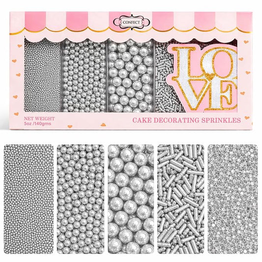 Confect Silver Pearl Christmas Sprinkles for Cakes & Cupcakes Decoration | Assorted Pack of 5 Metallic Shine Sliver Sprinkle Mix Dragees, Jimmies & Sparkling Sugar | Vegan, Gluten-Free, Soy-Free, Dairy-Free, Palm Oil-Free- 5 Oz