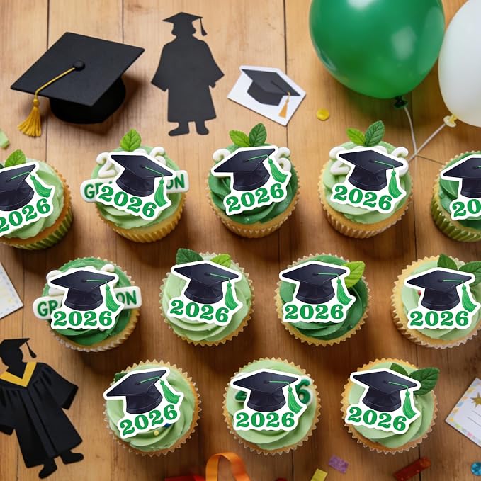 42pcs Edible Graduation Cap Cupcake Toppers Wafer Paper Green Class of 2026 Cake Decorations Edible Grad Cap Cupcake Picks for 2026 Graduation Theme Party Cake Decor Supplies