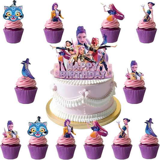 25 Pcs Anime Cake Decorations, Cute Happy Birthday Cake Toppers, You Will Receive 1 Cake Topper and 24 Cupcake Decorations.