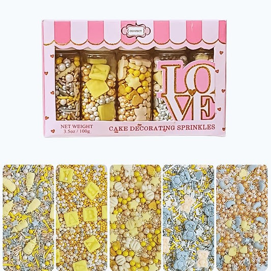 Confect Neutral Baby Shower Sprinkles | Gender Reveal Sprinkles | Birthday Sprinkles | Mix Silver, Gold & Pearls Teddy, Heart, Star & Baby Feet Sprinkle Pack of 5 | Vegan, Gluten-Free, Nut-Free, Soy-Free, Dairy-Free, Palm Oil-Free - 5 Oz