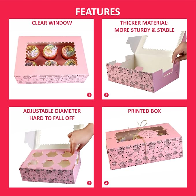 Cupcake Boxes with Insert trays (Pack of 20), Pink Cupcake Carrier, Food Grade Bakery Boxes with Windows and Inserts to Fit 6 Cupcakes Muffins or Pastries