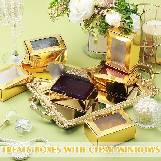 Zonon 30 Pcs Soap Boxes for Homemade Packaging, Mini Kraft Boxes with Window for Bakery Candy Soap Making Gift Packaging, 3.7x2.6x1.4 Inch (Gold)