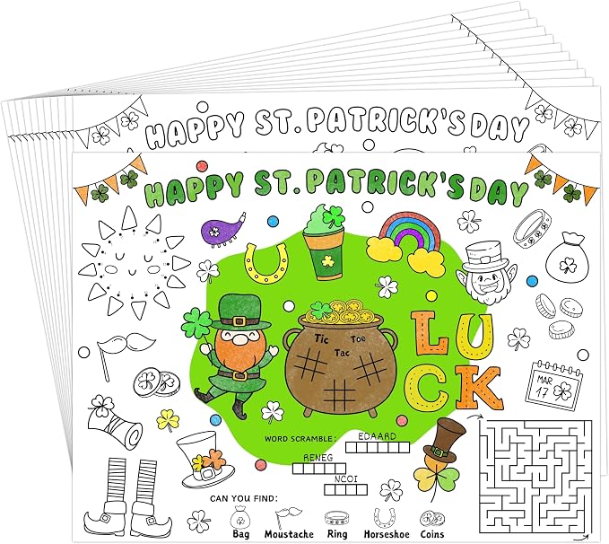 45pcs St. Patrick's Day Disposable Coloring Placemats Irish Crafts for Kids Party Favors Coloring Poster Holiday Party Supplies School Classroom Activities Paper Table Mats