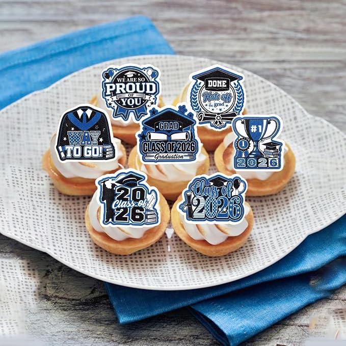 60 PCS Edible 2026 Graduation Cupcake Toppers Class of 2026 Party Cake Decorations Edible Diploma Congrats Grad Cap Cupcake Picks for 2026 Graduation Theme Party Cake Decorations Supplies Black Blue