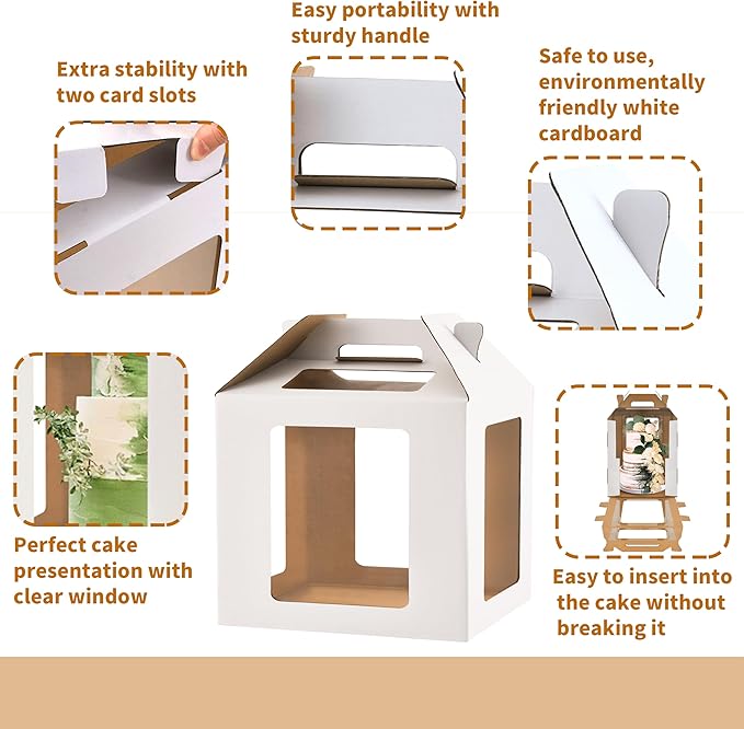 Tall Cake Boxes 6 Windows with handle,14x14x14 Tall Cake Carrier, Tiered Cake Box, Square cake box,largeTake Out Transport Containers Ideal for 12" & 14" Tiered Cakes (3Pack-White)