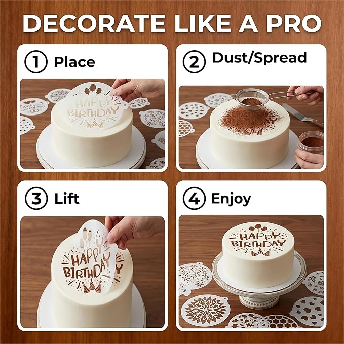 Cake Stencils Set 24 Templates - Happy Birthday, Love, Hearts, Floral - Reusable Laser-Cut for Fondant Buttercream Painting, Baking & DIY Decor (Art Deco)