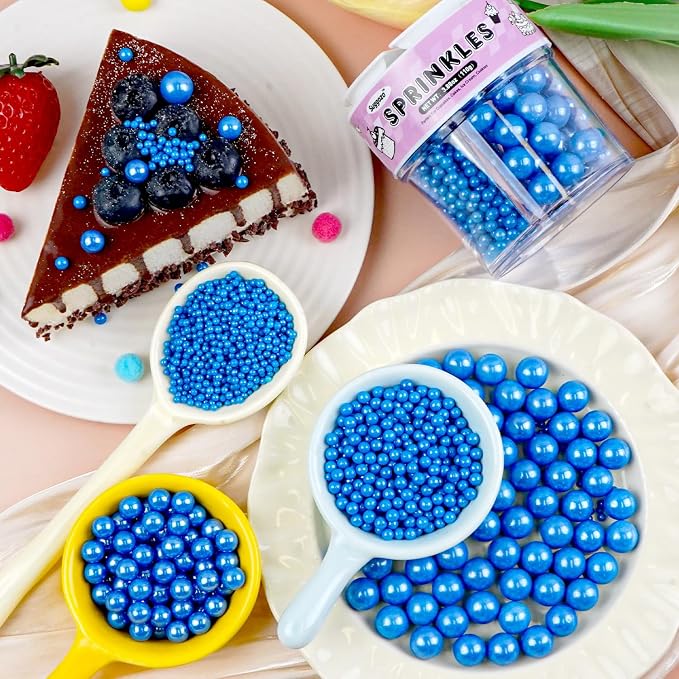 Blue Sprinkles, Edible Blue Pearl Sprinkles for Cake Decorating, Cake Decoration & Cupcake Topper, Baking Cookie Toppings, Wedding Party Christmas 4th of July Supplies, 110g/3.88oz (4 Sizes Mix)