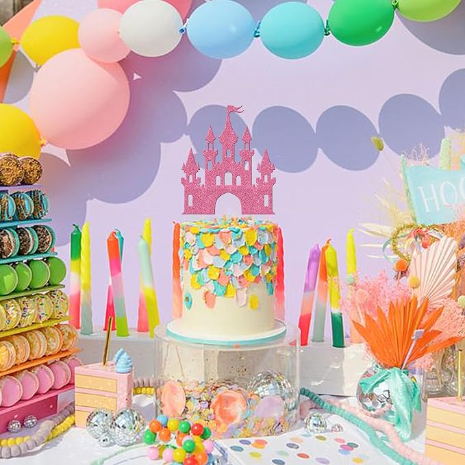 1 PCS Castle Cake Topper Glitter Queen Princess Castle Cake Pick Castle Theme Birthday Party Decoration for Princess Happy Birthday Girls Baby Shower Party Cake Decorations Supplies Pink