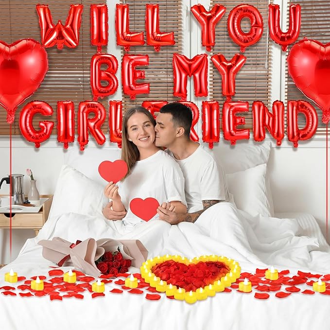 Will You Be My Girlfriend Balloon Proposal Decor 24 LED Flameless Tealight Heart Candle 2000 Artificial Rose Petals Love Balloon for Engagement Wedding Decor Romantic Special Night(White)