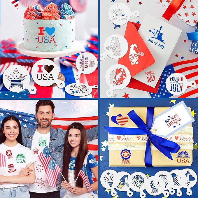 JULBEAR 4th of July Cookie Cake Stencils 36 Pieces Reusable Patriotic Mold | Cookie Stencils, Independence Day Patriotic Party Decoration, Baking Dessert Coffee Painting, 36 Pieces Templates Mold Tools