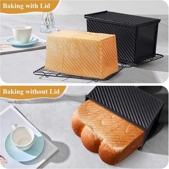 LIANYU Loaf Pan with Lid Set of 4, Pullman Loaf Baking Bread Pans, Nonstick Carbon Steel Homemade Toast Sandwich Box, 1 Pound Dough Small Metal Bakeware, Black