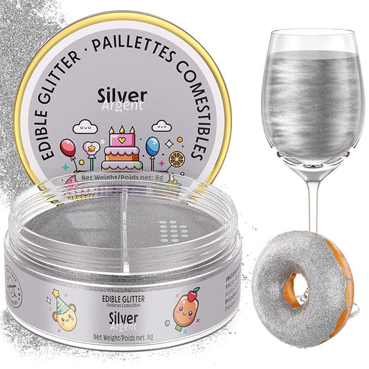 Nomeca Edible Glitter for Drinks Cakes, 8 grams Food Grade Luster Dust Sprinkles Glitter for Cake Decorations, DIY Cocktails, Beverages & Cake Decorating, Dessert Cake Topper (2-Silver)