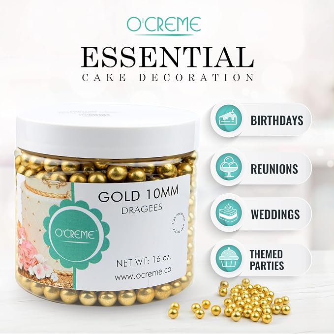 O'Creme Gold Dragees Cake Decorating Supplies for Bakers: Cookie, Cupcake & Icing Toppings, Bright Metallic Sphere Sprinkles, Decorating Sugar Balls Accents (2mm, 1 Pound) Not-Toxic, Non-Edible