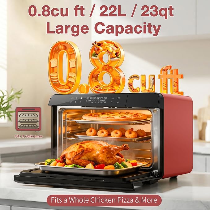 ROBAM Toaster Air Fryer Combi Oven, Countertop Steam Oven 14-in-1 with Convection Steam Roast & Bake, Multi-Stage Cooking, Self-Clean, 7 Modes, 30 Built-In Recipes, for Kitchen Pizza Baking (Red)
