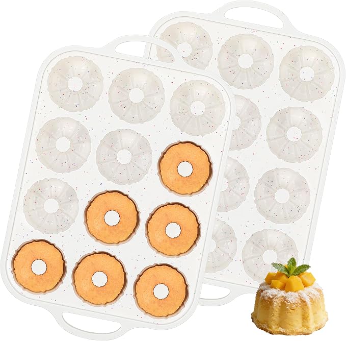 3 Inch Silicone Mini Fluted Tube Cake Pans with Metal Reinforced Frame, 12-Cavity Mini Flan Molds, Non-stick Silicone Baking Mold (2 Pc)