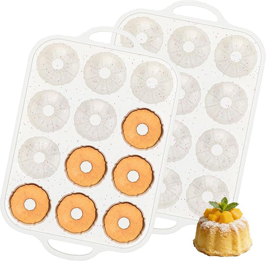 3 Inch Silicone Mini Fluted Tube Cake Pans with Metal Reinforced Frame, 12-Cavity Mini Flan Molds, Non-stick Silicone Baking Mold (2 Pc)