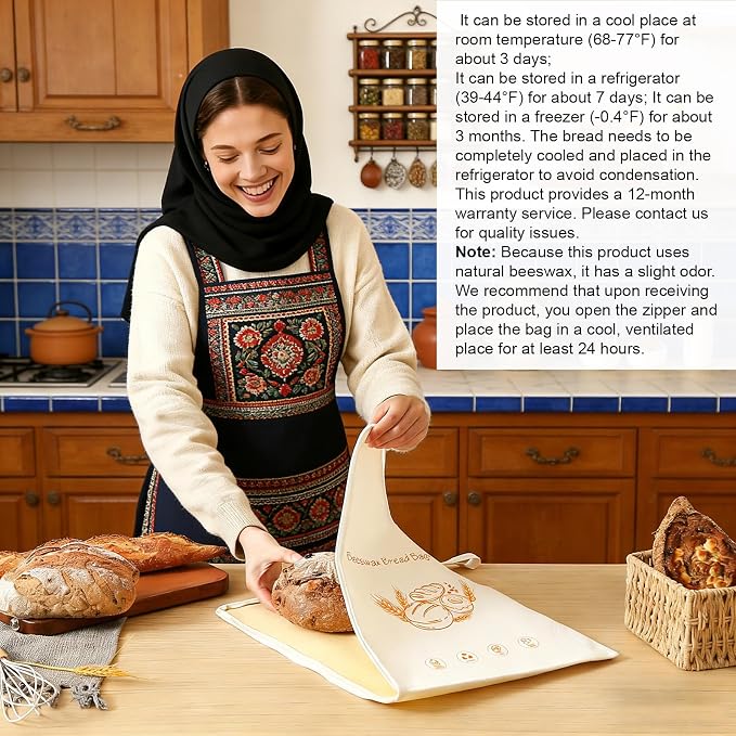 Lorine Beeswax Lining Bread Bags, Reusable Bread Bags for Homemade & Sourdough Bread, Large capacity 13 * 17'', Moisture Lock with Zip for Bread Freshness with Sealing (1 PC)